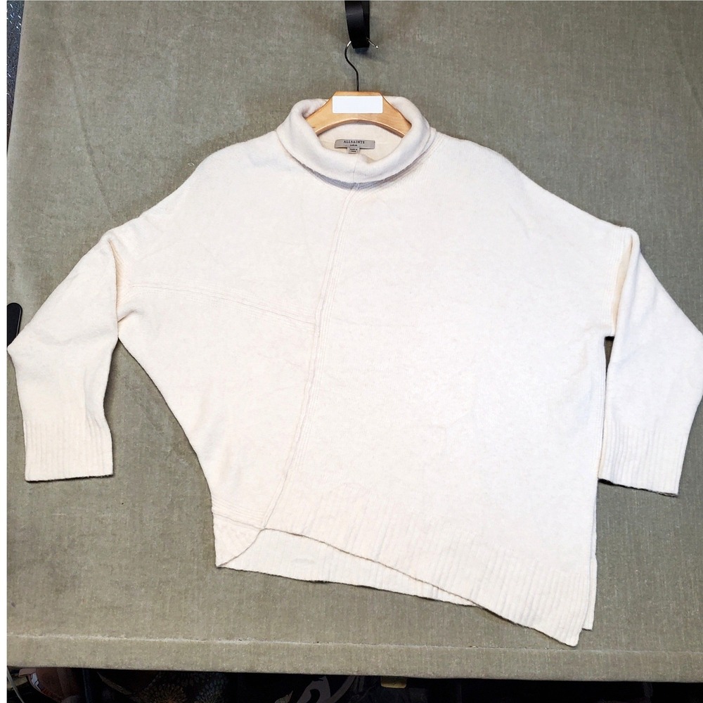 AllSaints Lock Roll Neck Asymmetric Wool Yak Blend Sweater Cream Large